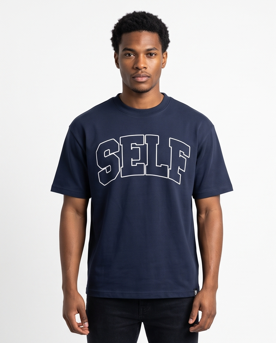 Collegiate Arched Tee (Navy Blue) (White Outline)